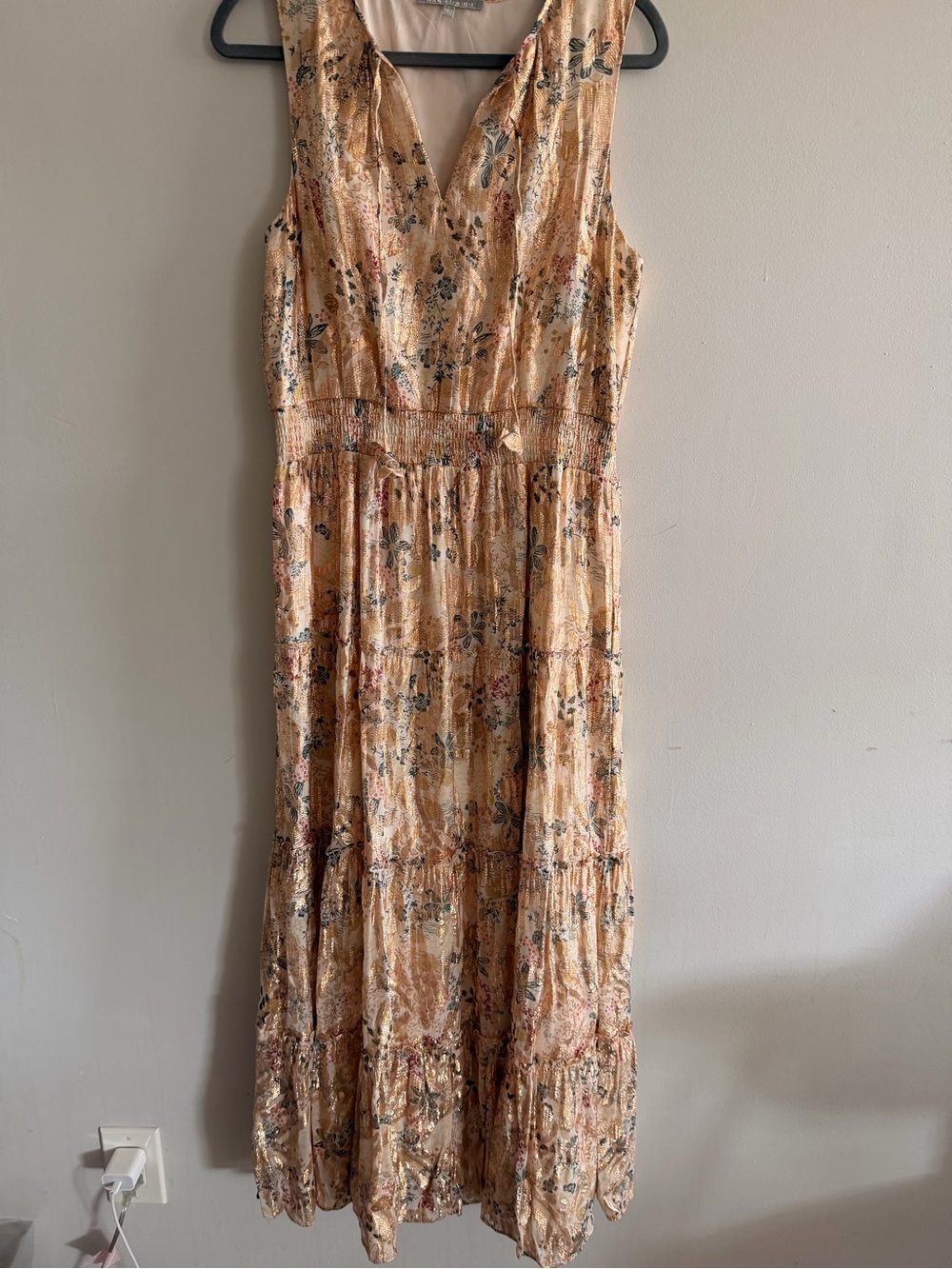 Daniel Rainn Peach-Tone Floral V-Neck Tiered Maxi Dress